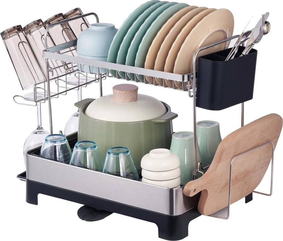 Afdruiprek voor servies roestvrij staal keukengereihouder lekbak 571 x 320 x 385 mm 2-traps afdruiprek met lekbak inklapbaar