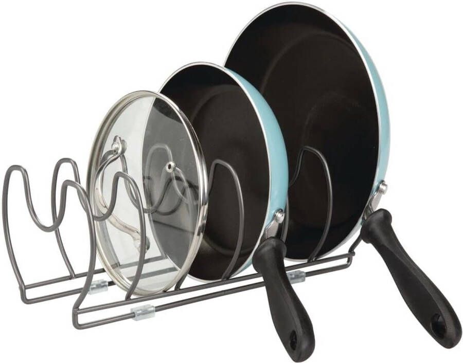 Afdruiprek voor steelpannen deksels en pannen Compacte potdekselhouder voor het keukenkastje Ruimtebesparende metalen kookgereistandaard
