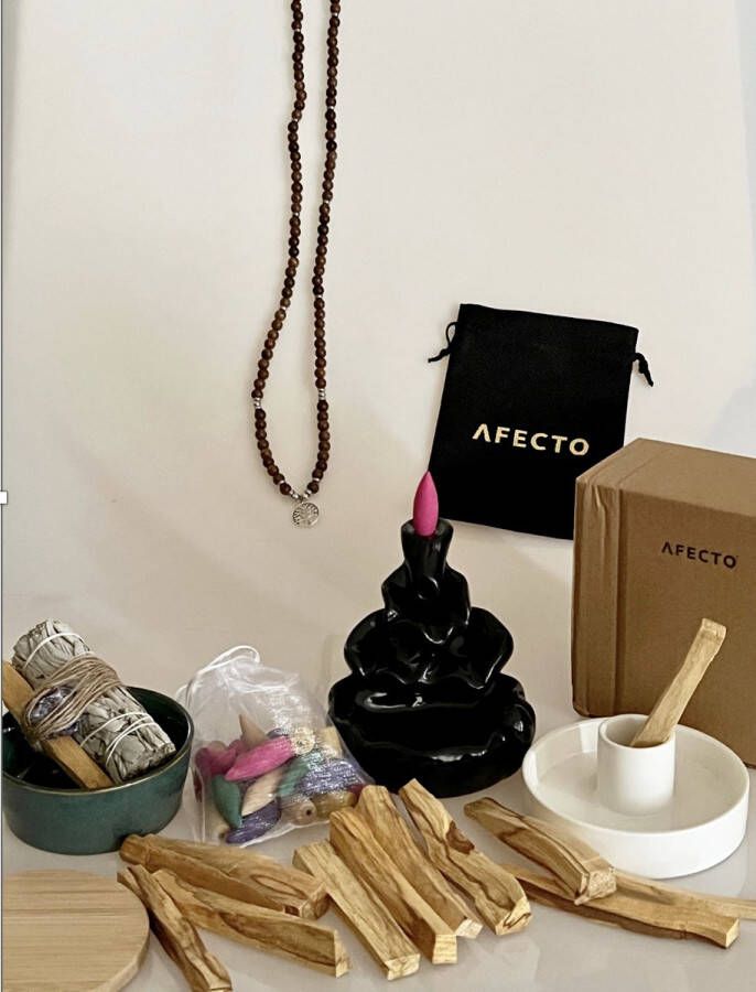 Afecto uitgebreide spirituele set mala ketting- palo santo + houder terugstroom wierook + houder + onderzetter witte salie + schaaltje + amethist +