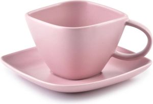 Affekdesign Happy espresso kop met schotel diamant vormig 100 ml roze Koffiekopje of theekopje met schotel Matte poeder roze kleur 100ml