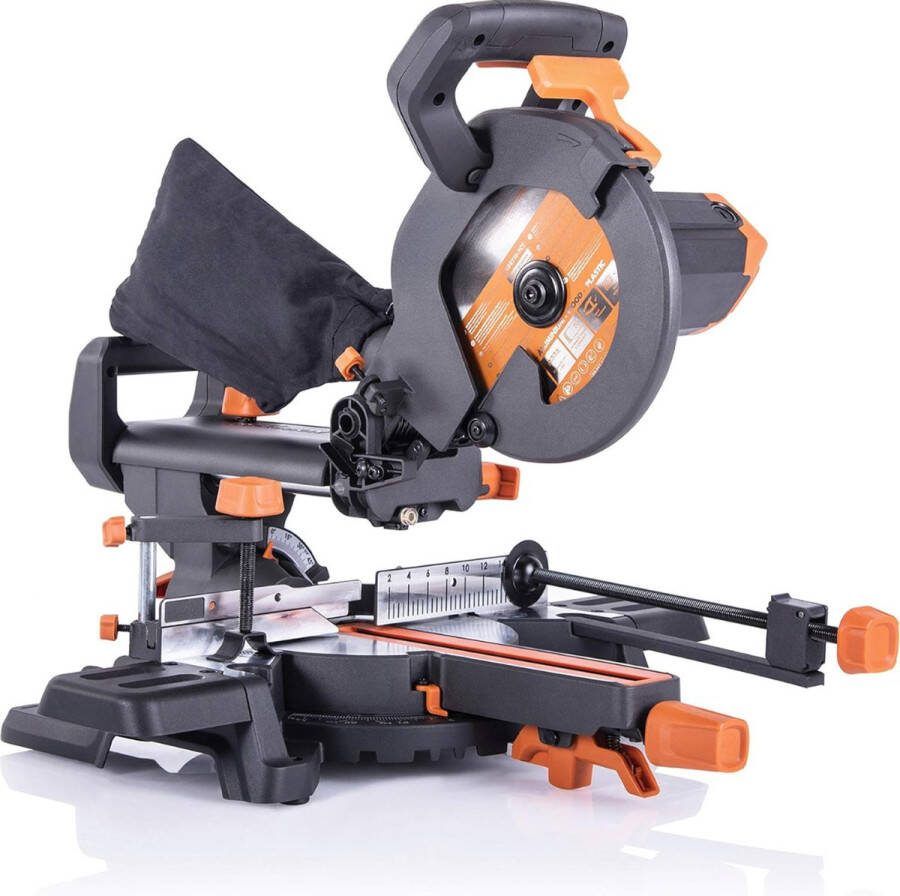 Afkortzaag met trekfunctie Laser Pointer Voor Extreme Precisie Extreem Handig In Gebruik Ergonomisch Handvat 230 mm x 65 mm Zwart Oranje