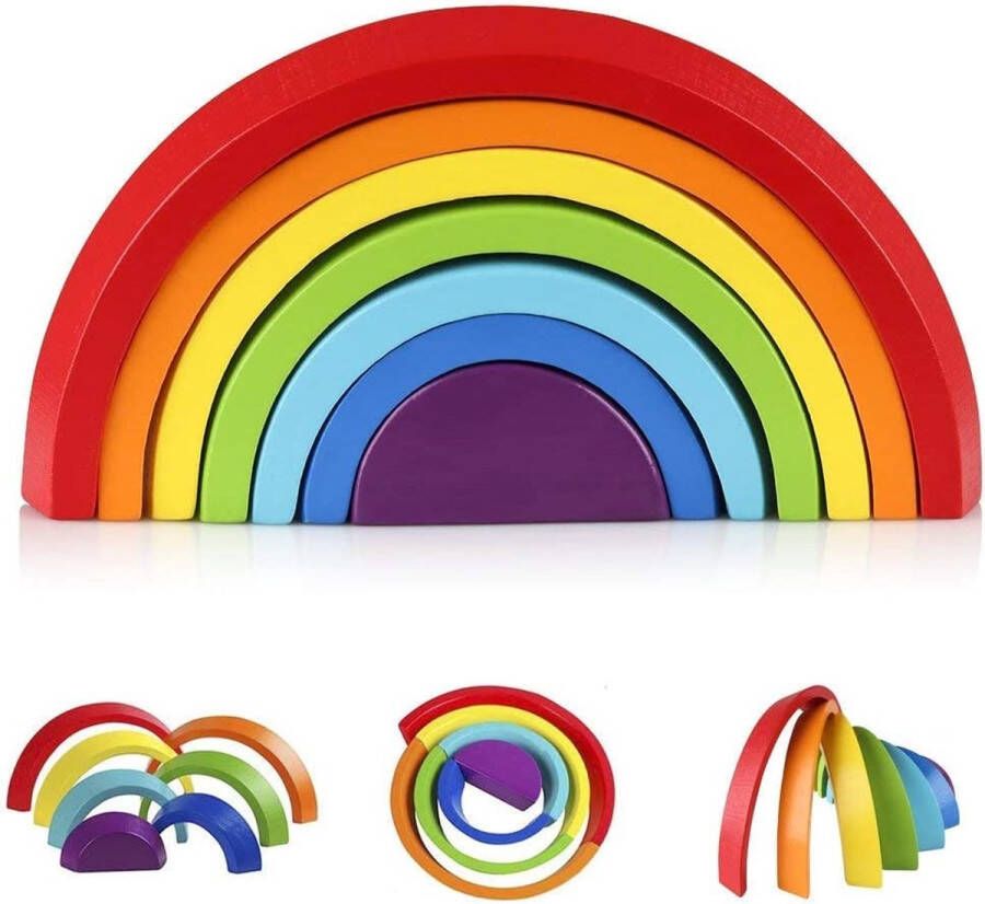 Afunti 7 Stuks Houten Regenboog Speelgoed Leren Geometrie Bouwstenen Educatief Puzzelspeelgoed Met deze houten bouwstenen wordt de fijne motoriek van de handen spelenderwijs getraind