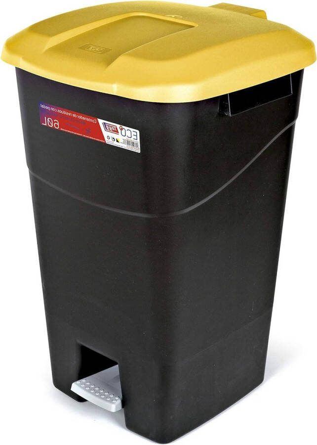 Afvalbak 60 liter pedaal zwart geel kunststof grote capaciteit duurzaamheid vuilnisbak 60 liter