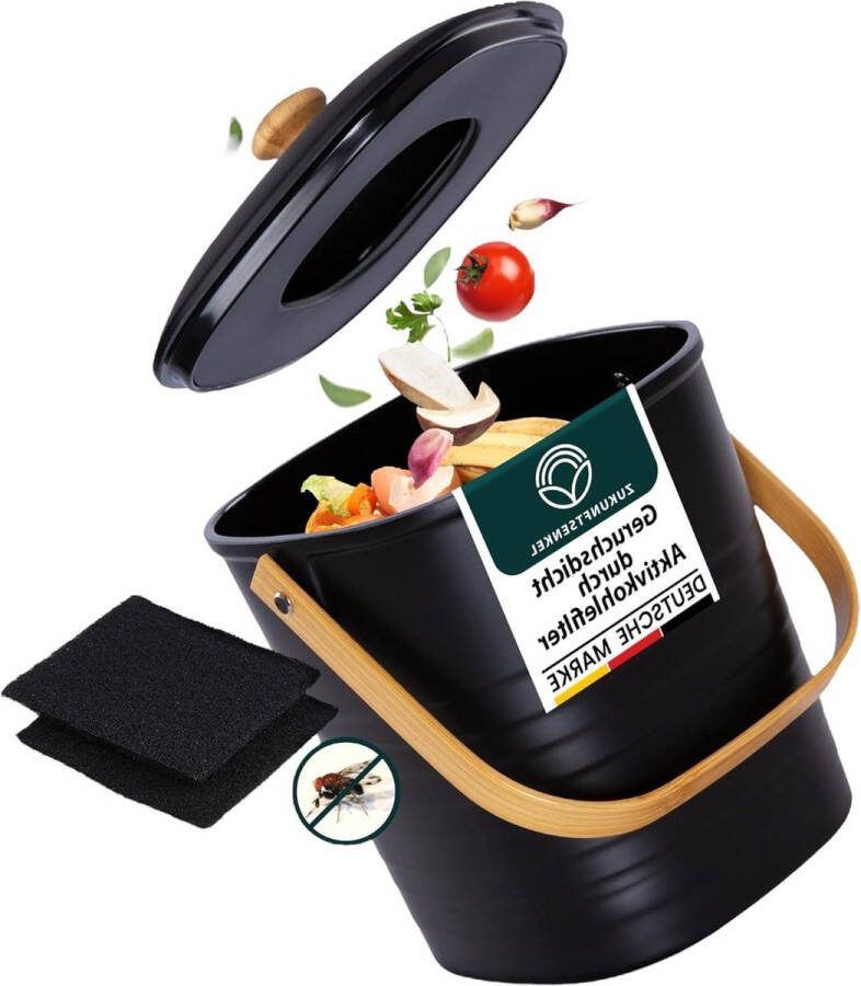 Afvalemmer keuken Biologische compostemmer zwart 4 liter geurdicht actieve koolfilter (extra filter 2)