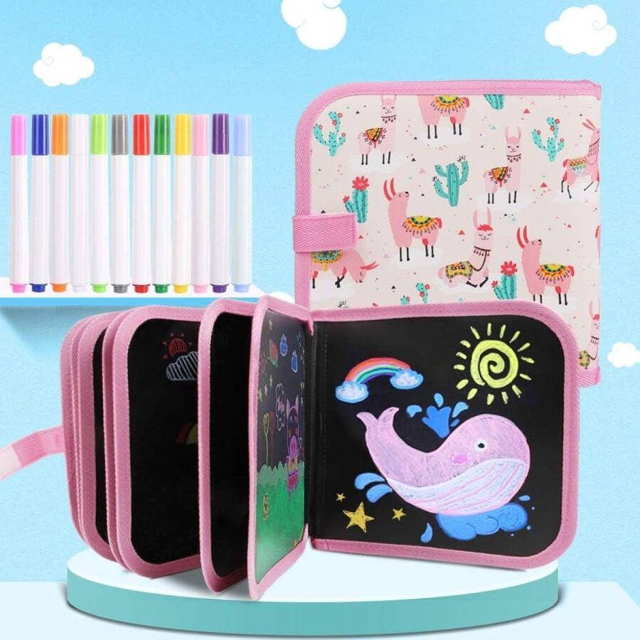 Afveegbaar kleurboek voor kinderen draagbaar doodle pad graffiti tekenbord handgeschreven schilderen 12 kleurrijke stiften met 14 pagina's roze schaap Tekenbord