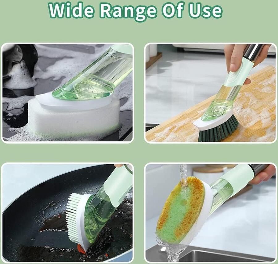 Afwasborstel 3 in 1 Multifunctionele reinigingsborstel Afwasborstel met afwasmiddel Verwisselbare afwasborstelset Zeepdispenserborstel voor gootsteenpan (groen)