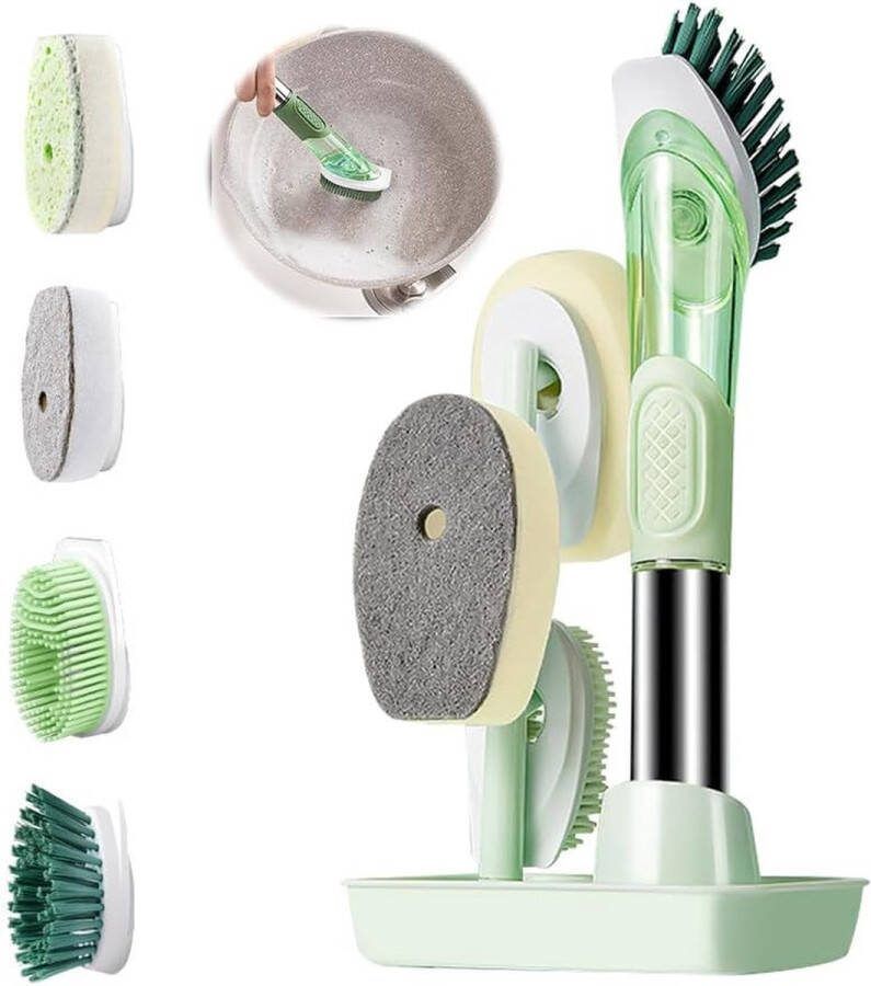 Afwasborstel met afwasmiddeldispenser multifunctionele afwasborstel siliconen met basis reinigingsborstelset met 4 verwisselbare sponskoppen keukenborstel voor het reinigen van potten en