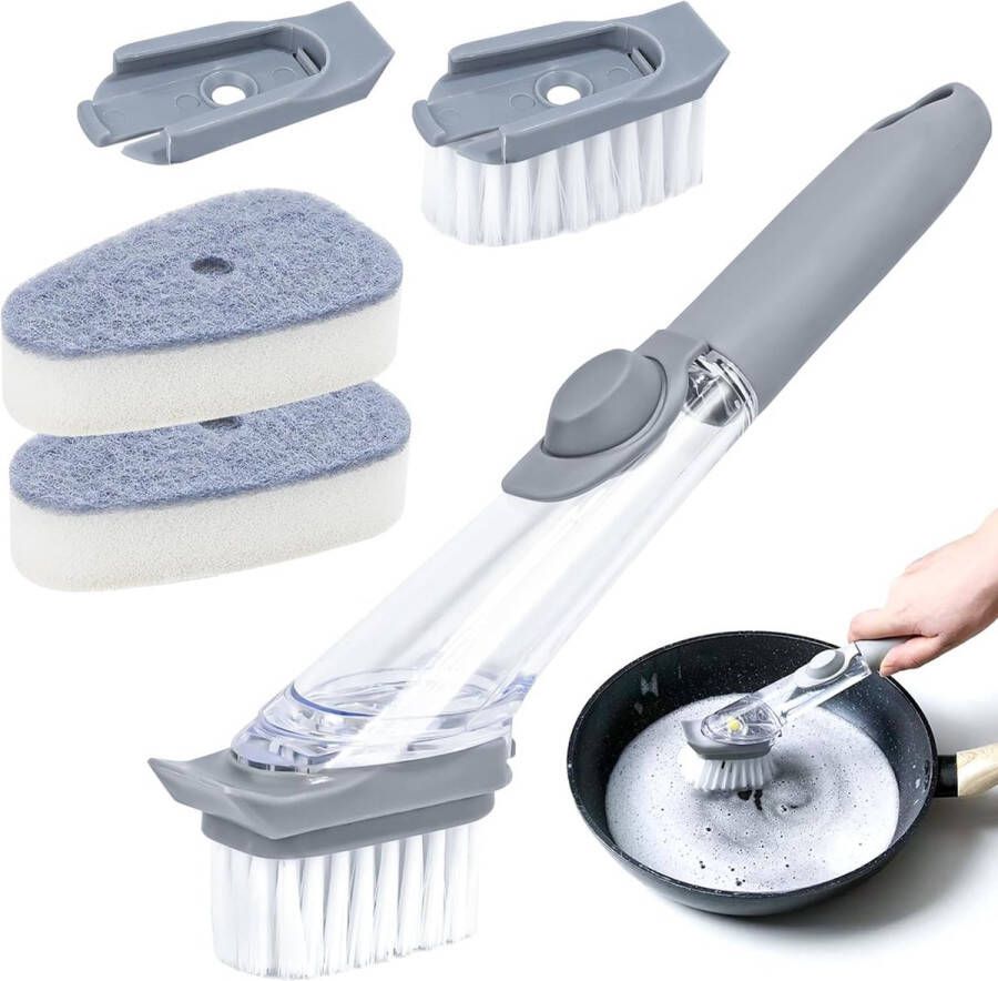 Afwasborstel met afwasmiddeldoseerbakje schoonmaakborstel keukenborstel met handvat afwasborstel met 4 reserveborstelkoppen multifunctionele afwasborstel afwasborstelset voor potten pannen gootstenen