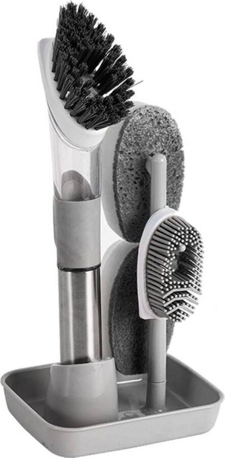 Afwasborstel met dispenser en reservekoppen Reinigingsborstel met sponskoppen set Keukenborstel voor pot pan gootsteen (grijs) Afwasborstel