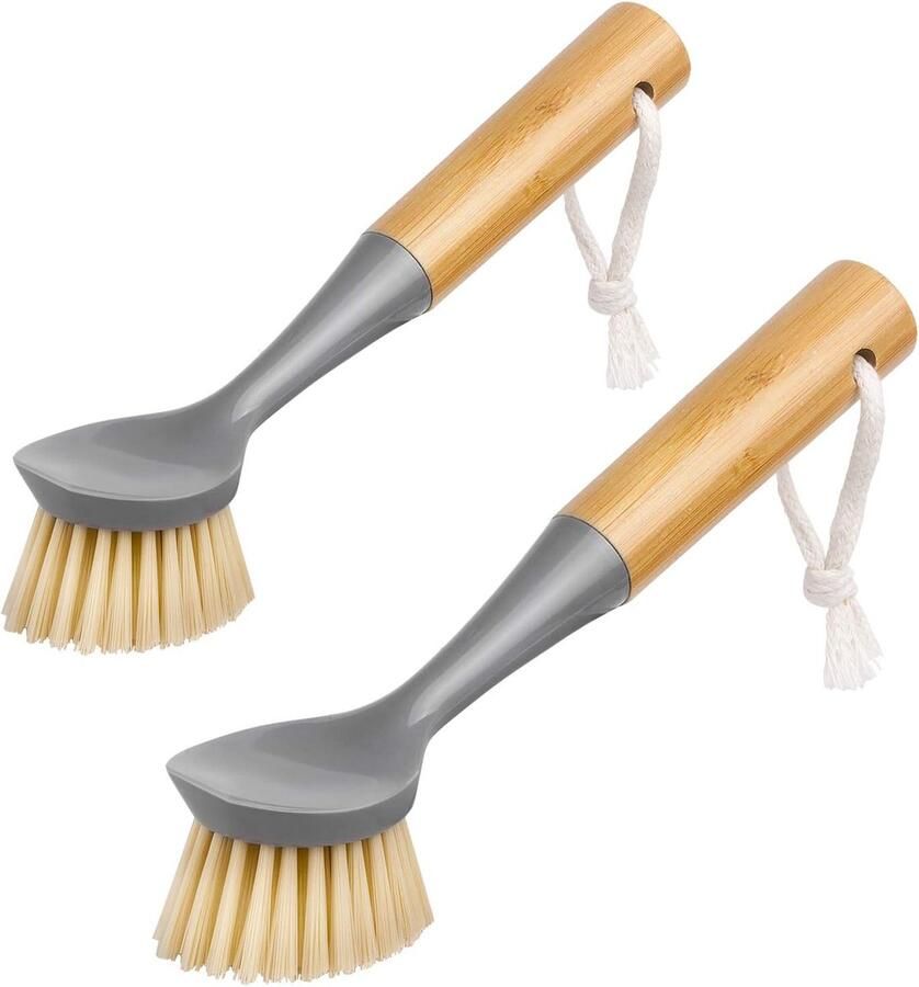 Afwasborstel met schraper met bamboegreep schrobborstel afwasborstel pannenspoelborstel voor pannen potten spoelbakken voor reiniging verpakking van 2 stuks