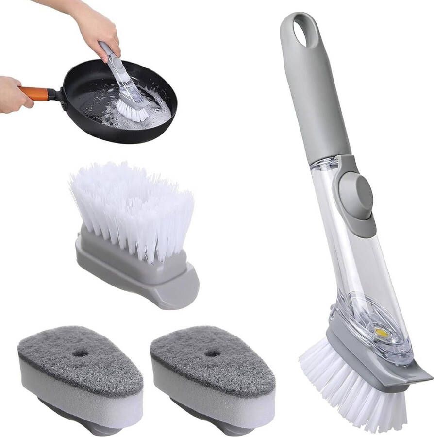 Afwasborstel met vloeibare dispenser en 4 Reserveborstelkoppen voor gootsteen reiniging en afwassen Afwasborstel