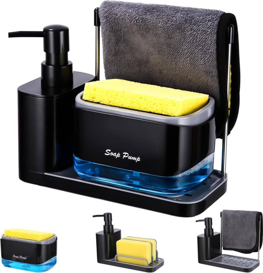 Afwasmiddeldispenser keukenset zeepdispenser keuken met dienblad en sponshouder navulbaar geschikt voor keukenspoelbak