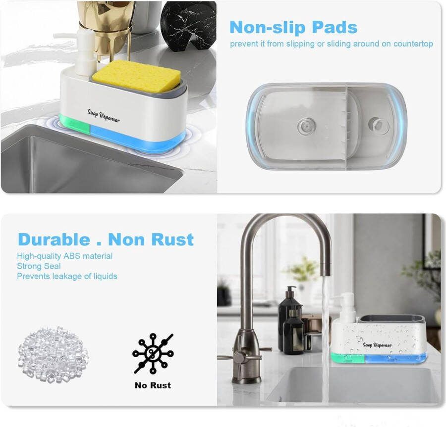Afwasmiddeldispenser keukenspoelbak zeepdispenser handzeepdispenser met sponshouder handzeep en wasmiddel kunnen worden bijgevuld geschikt voor keukenspoelbak-organizer wit