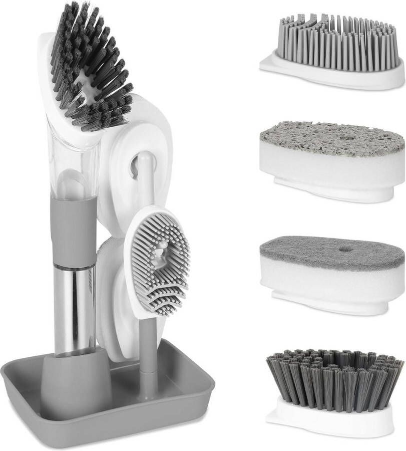 Afwasmiddeldispenser set Afwasborstel met 4 reservekoppen en houder Keukenborstel voor pot gootsteen pan Multifunctionele reinigingsborstel Grijs Afwasborstel