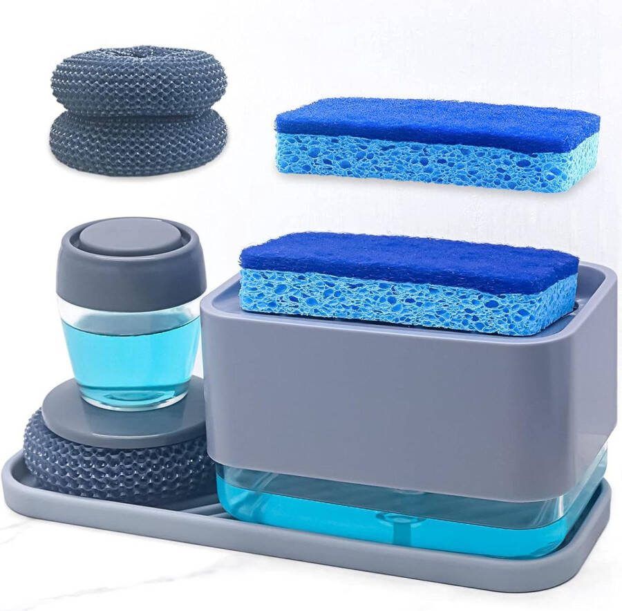 Afwaszeepdispenser met sponshouder voor aanrecht grijs 4-in-1 afwasvloeistofdispenser keuken aanrecht afwasmiddel zeeppomp