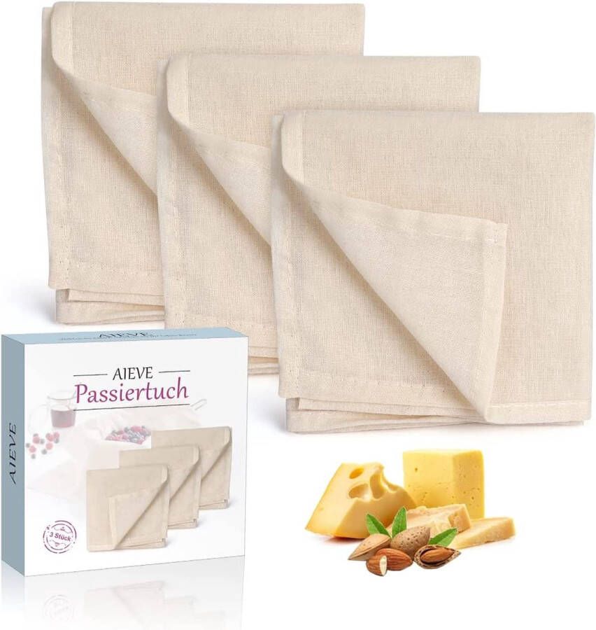 AIEVE Filter Cloth set van 3 katoenen doek kaasdoek zeefdoek passeerdoek herbruikbaar voor notenmelk fruitsap yoghurt voor de productie van kaas 50 x 50 cm
