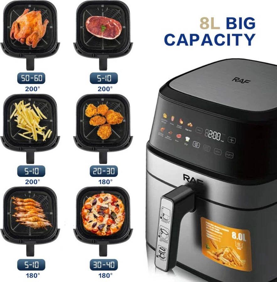 Airfryer XXL Heteluchtfriteuse XXL Multifunctioneel Inclusief touchscreen 8 liter inhoud 1700 watt Zwart zilver