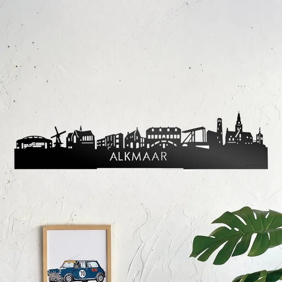 Alkmaar Skyline muurdecoratie Wanddecoratie Zwart Houten art Muurdecoratie Line art Wall art Bohemian Wandborden Woonkamer