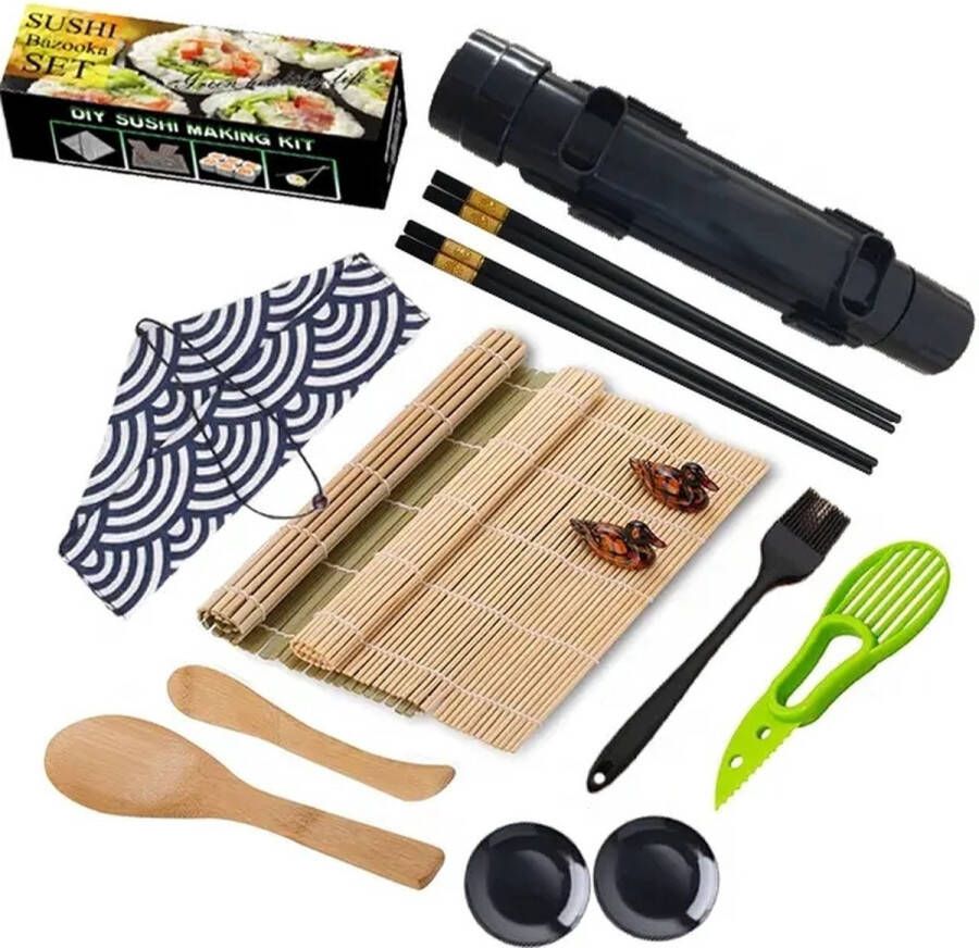 All In One Sushi Set XXL Sushi Bazooka Sushi Maken Compleet Sushi Set 16 delig Bamboe Sushi Mat Zwarte Sushi Bazooka Set inclusief Chopsticks