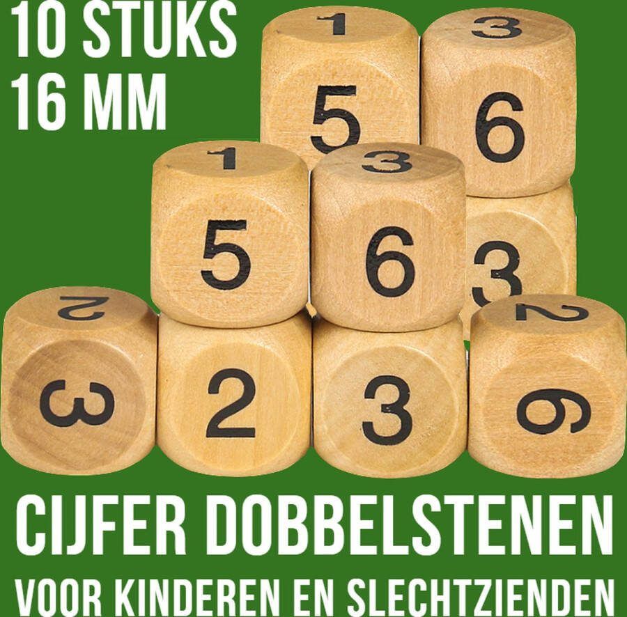 Allernieuwste.nl 10 Stuks CIJFER Dobbelstenen 16 mm Dobbelstenen met Cijfers Spel Houten Cijferdobbelsteen 1 6 cm Set 10 stuks