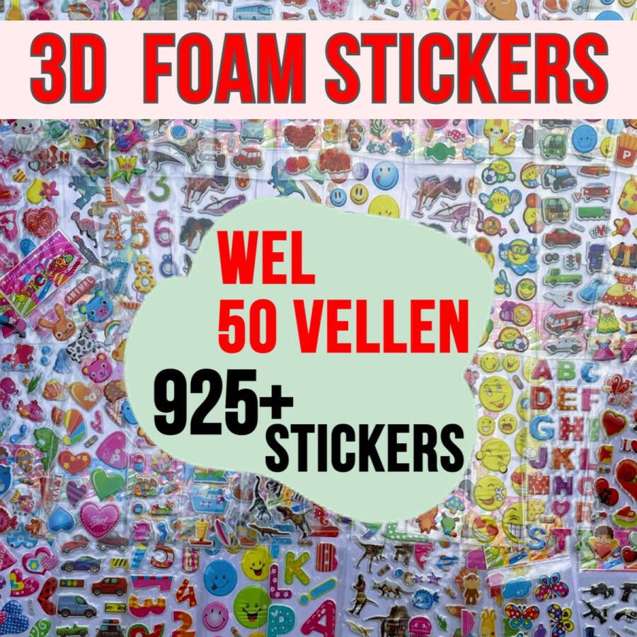 Allernieuwste.nl 3D Stickers 50 Vellen Dieren Autos Hartjes Dinos enz. 925 Stuks Voor Kinderen -3D Foam Stickers Autocollants de récompense Beloningstickers