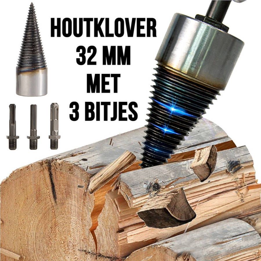 Allernieuwste.nl Set Houtkloofboor 32 mm Houtklover Houtsplitter Houtsplijter Houtkliever Aanmaakhout Houtklover Boor Open Haard RVS Staal 32 mm