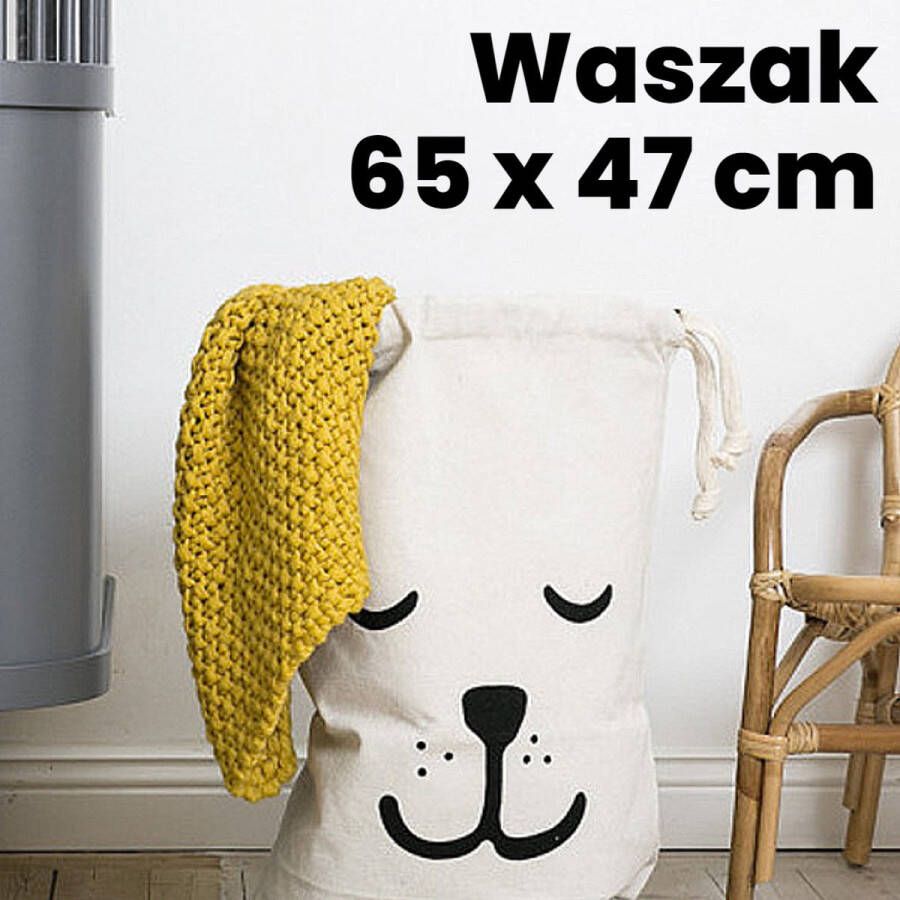 Allernieuwste.nl Waszak met Slapende Hond Print Wasgoed Opbergtas met Trekkoord Badkamer Was Zak Laundry Bag wit-zwart 65 x 47 cm