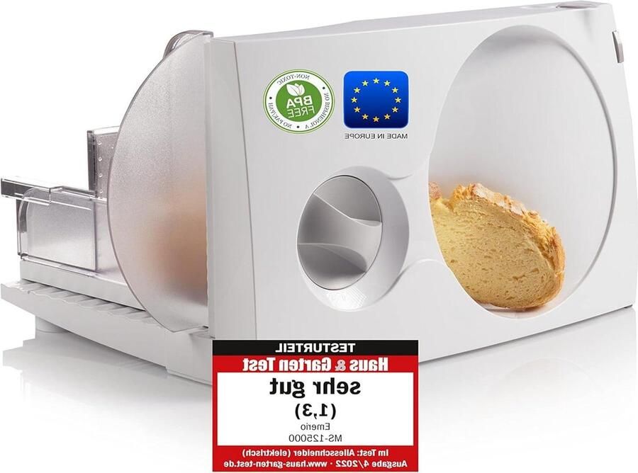 Allessnijder Made in EU MS-125000 roestvrij Duitsland geproduceerd instelbaar 0-17 mm BPA-vrij inklapbaar veiligheidsschakelaar Eco 100 watt wit Emerio Bread Slicer