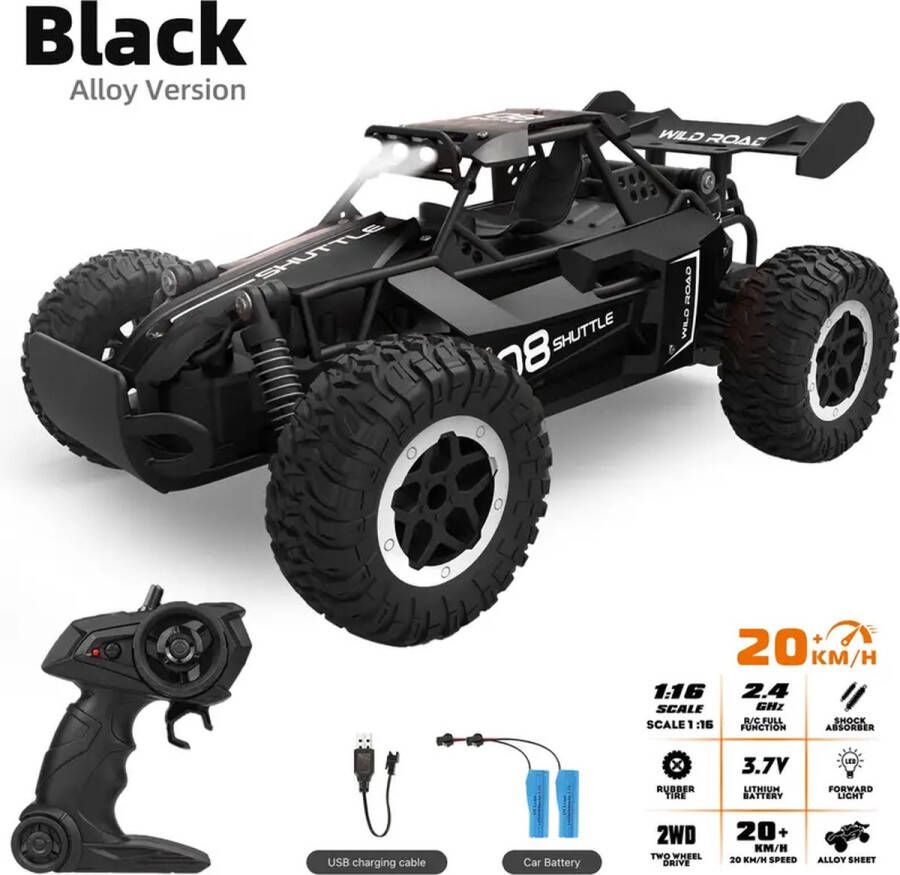 Alloy Black Bestuurbare Auto + Extra Accu All Terrain Off-Road Elektrische Speelgoedauto RC Voertuig voor Jongens en Meisjes Radiografisch Bestuurbare Auto voor Binnen en Buiten 1:16 2.4G Dubbele Batterij Snelheid Tot 20 Km u Afstandsbedi