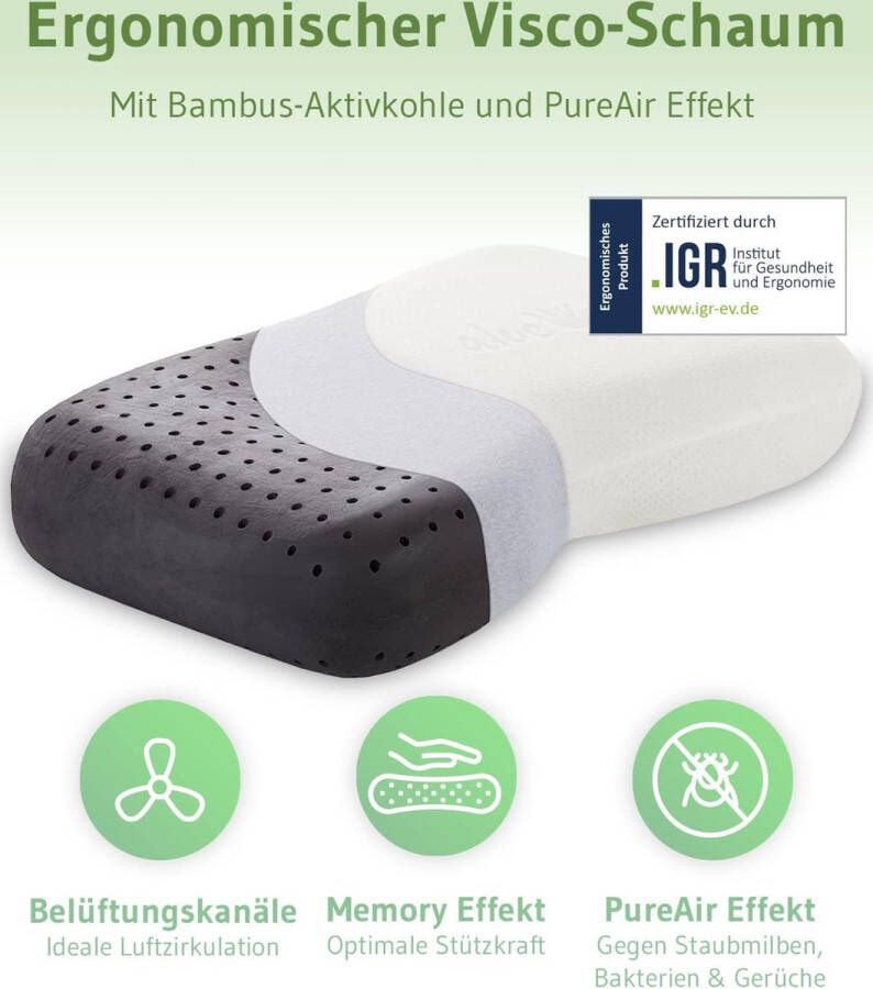 Aloë vera hoofdkussen Zijslaapkussen met wellness-kern Orthopedisch Kussen met BAMBUS PureAir-effect en gratis overtrek Visco-schuim hoofdkussen Side sleeping Pillow