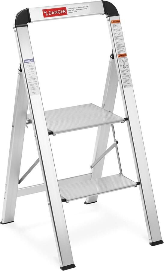 Aluminium huishoudtrap Trap met 2 treden Opstap van aluminium Lichte inklapbare ladder Multifunctionele keukentrap met antislip poten