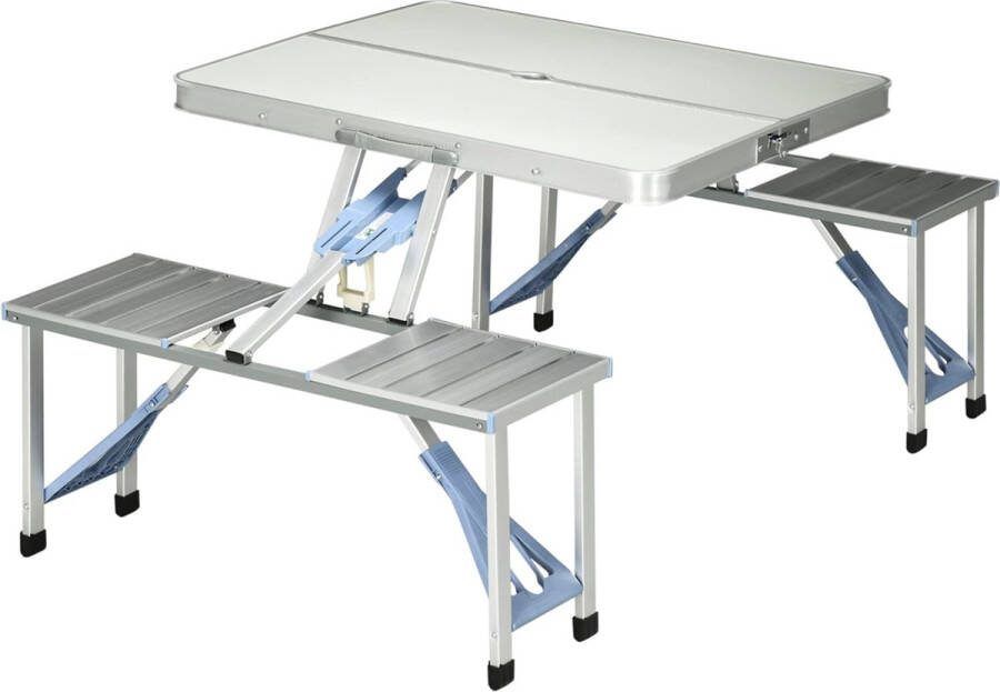 Aluminium kampeertafel klaptafel picknicktafel picknickkoffer zitgroep klaptafel-groep met 4 zitplaatsen zilver aluminium + MDF 84 5 x 67 5 x 66 5 cm