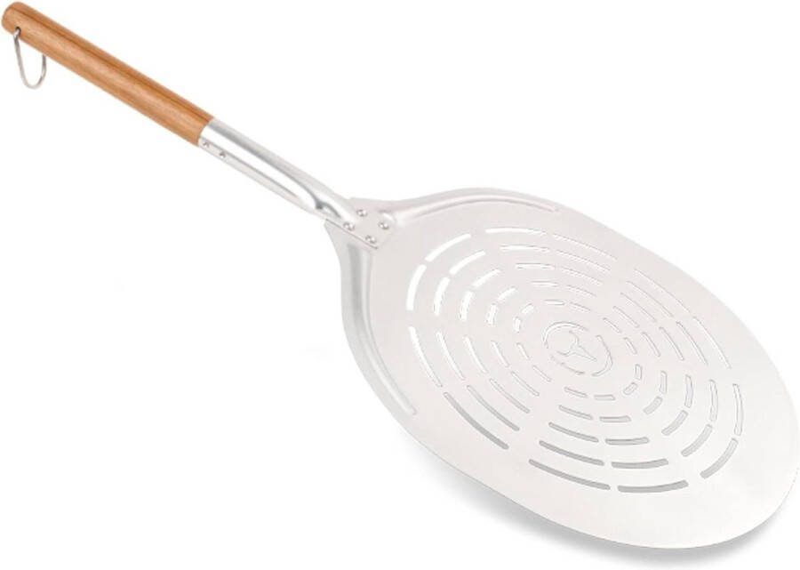 Aluminium pizzaschep geperforeerd met houten handvat Pizzabakjes zoals bij de Italiaan Moesta-BBQ 19522 pizzaschep nr. 2 Pizzaschep