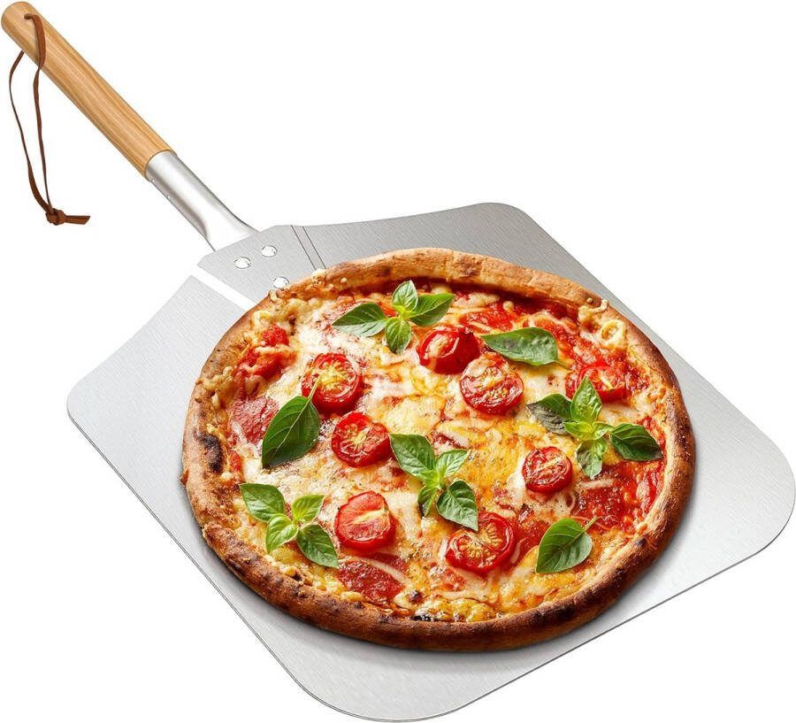 Aluminium pizzaschep van aluminium 30 5 cm x 35 6 cm voor elke outdoor of indoor pizza grill handvat van hout 71 cm