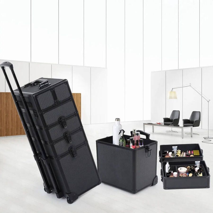 Aluminium Visagie Koffer Beauty Koffer Nagel Trolley 4 in 1 Cosmetica trolley Kappers trolley op wieltjes Make-up Schmink Beauty Koffer Zwart
