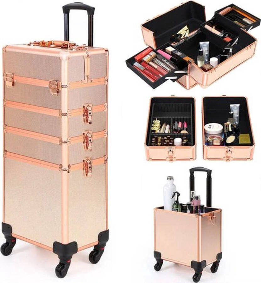 Aluminium Visagie Koffer Nagel trolley Cosmetica trolley Kappers trolley op wieltjes Make-up schmink nagel koffer trolley 4 in 1 Roze -koffer