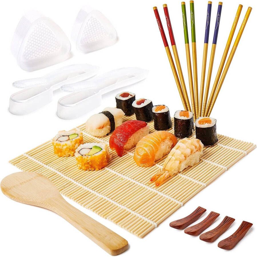 Amazy Sushi Set Sushi Maker Set voor Beginners incl. Bamboe Sushi Roll Matje Rijstlepel Sushi Maker en Eetstokjes met Dienblad Eenvoudig te gebruiken voor Beginners en Professionals