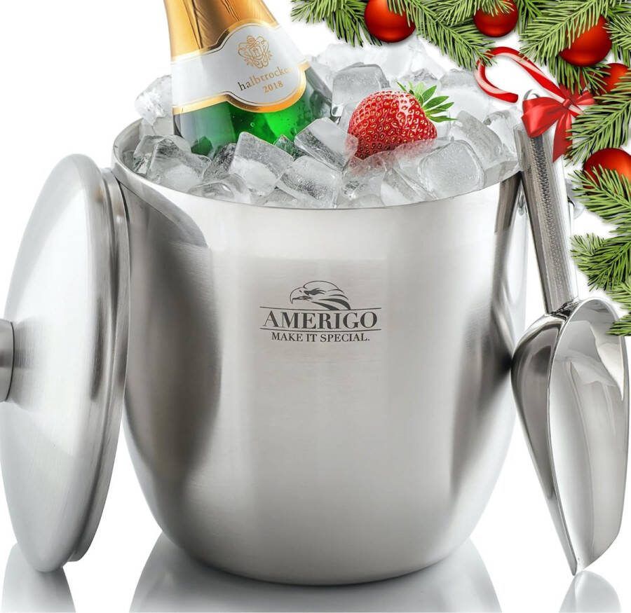 Amerigo Exclusive Insulated Ice Bucket Well Made Double-Walled Ice Cube Tray with Lid 3 Litre Ice Bucket Stainless Steel for Parties with Lid Strainer Ice Tongs + Ice Scoop Ice Cooler
