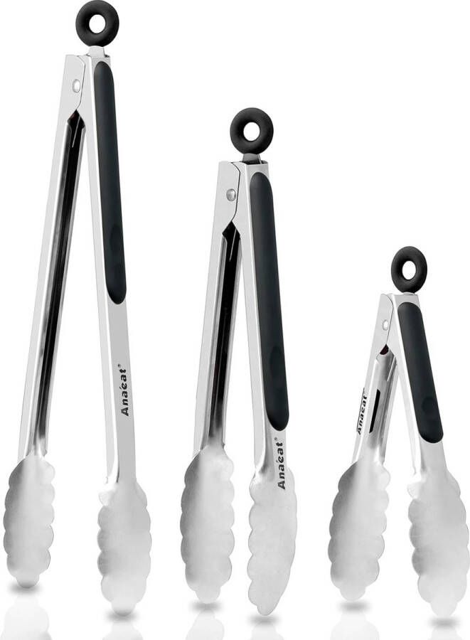 Anaeat Premium Kitchen Tongs Set of 3 Heavy Duty Stainless Steel Food Tongs with Long Handle and Non-Slip Silicone Handle for Cooking Baking Grilling Heat Resistant up to 460°F