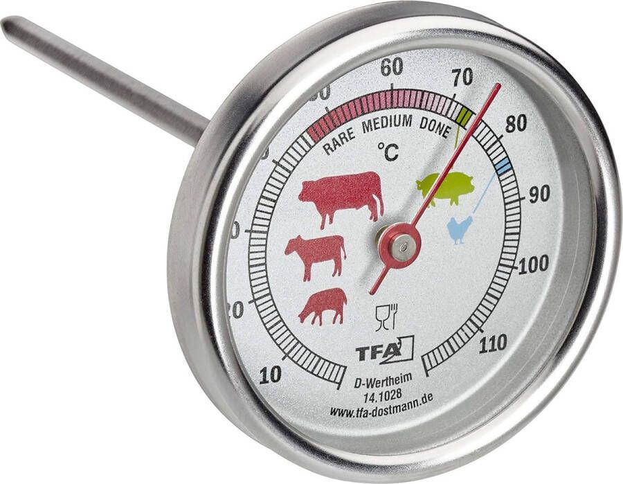 Analoge BBQ vleesthermometer van roestvrij staal 14.1028 ideaal voor vlees vis gevogelte braadthermometer zilver Ø 51 x (L) 117 mm