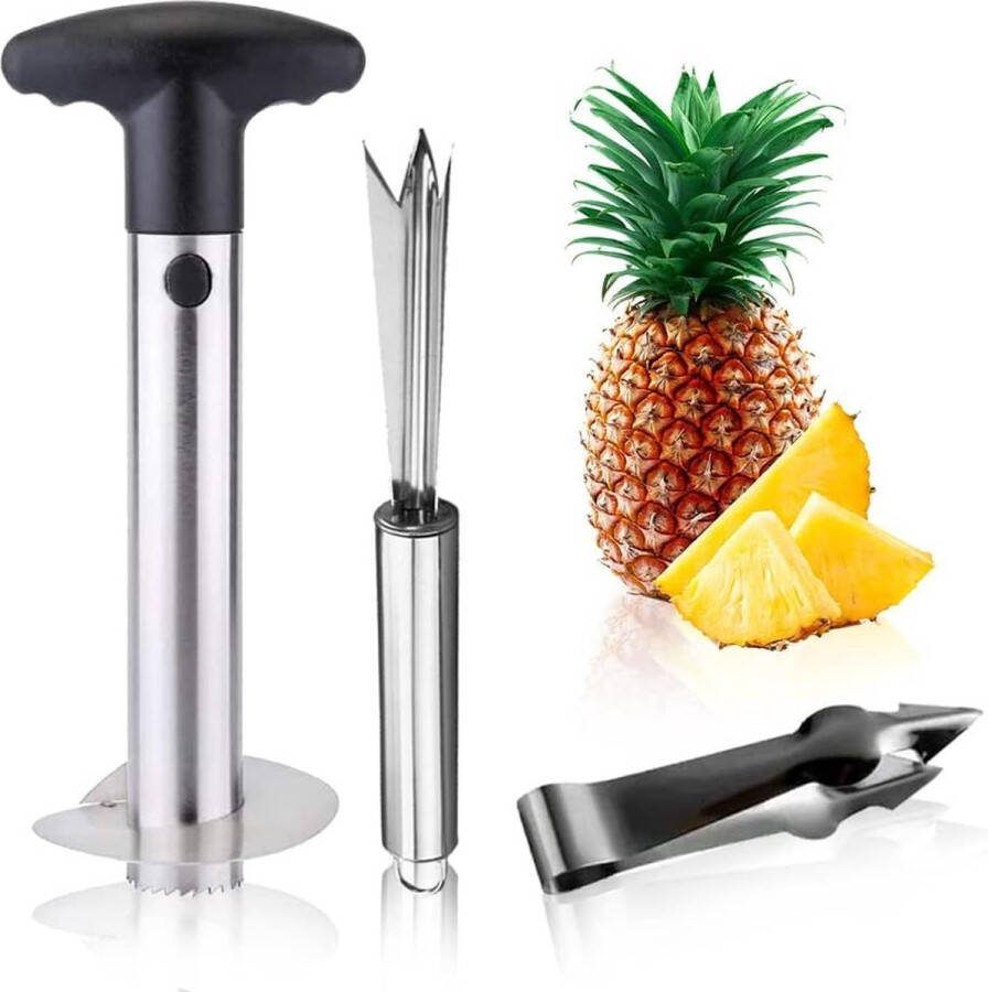 Ananassnijder 3-delige set ananasschiller roestvrij staal Pineapple Cutter voor keuken met aardbeienverwijderaar
