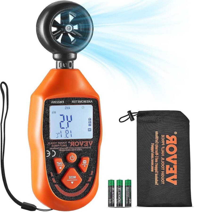 Anemometer 6935 MPH luchtsnelheidsmeter windmeter IP44 windsterktemeter -10-45 ℃ VEVOR MAX MIN AVG CU windsnelheidsgegevens met luchttemperatuurmeter Luchtmeter