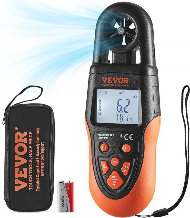 Anemometer 78 4MPH Luchtsnelheidsmeter 191x67x43mm Anemometer IP44 Windmeter Windsterktemeter MAX MIN AVG CU Windsnelheidsgegevens Bluetooth Snelheidsmeter
