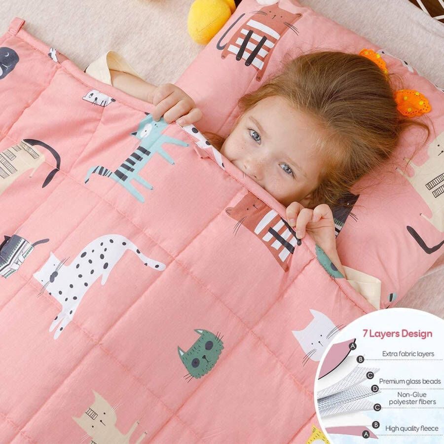 Anjee Kids verzwaarde deken 100% natuurlijke katoenen zware deken voor kinderen en tieners 2 3 kg 90x120 cm roze kat