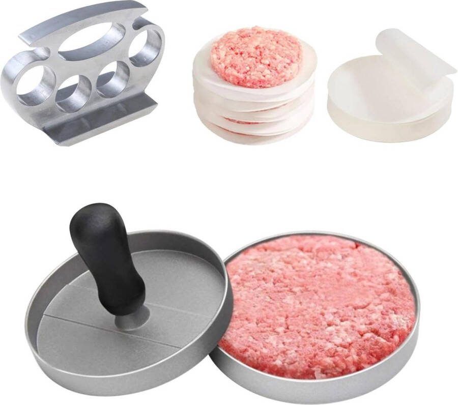 Anti-aanbakburgerpersset 102 stuks vleespasteitjesmaker met vetvrij papier vleeshamer aluminium hamburger-pasteitjesmaker hamburgerpers voor gehaktbal gegrild vlees varkensvlees gevuld