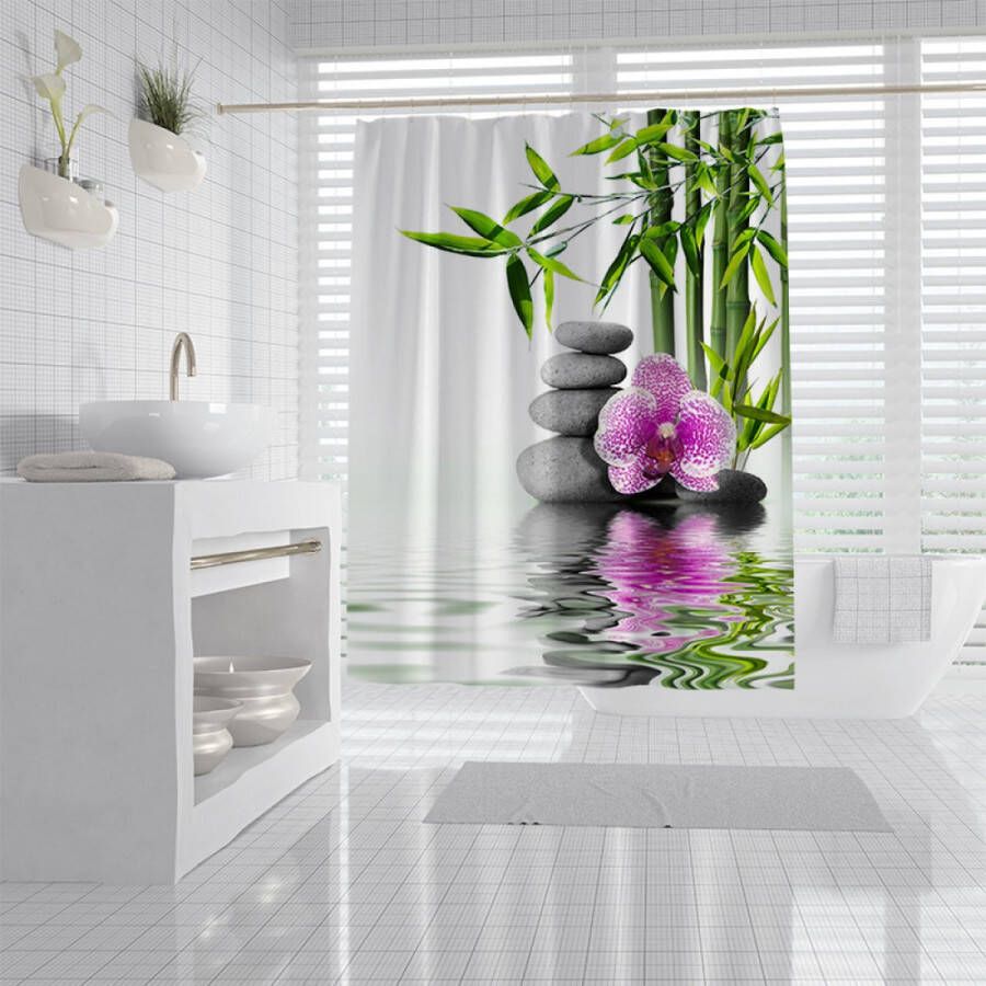 Anti-schimmel Douchegordijn Kiezel Zen Gedrukt Douchegordijn Waterdichte stof Polyester 180x200 cm 3D Orchidee Bamboe Douchegordijnen Bad Machinewasbaar Wit Groen