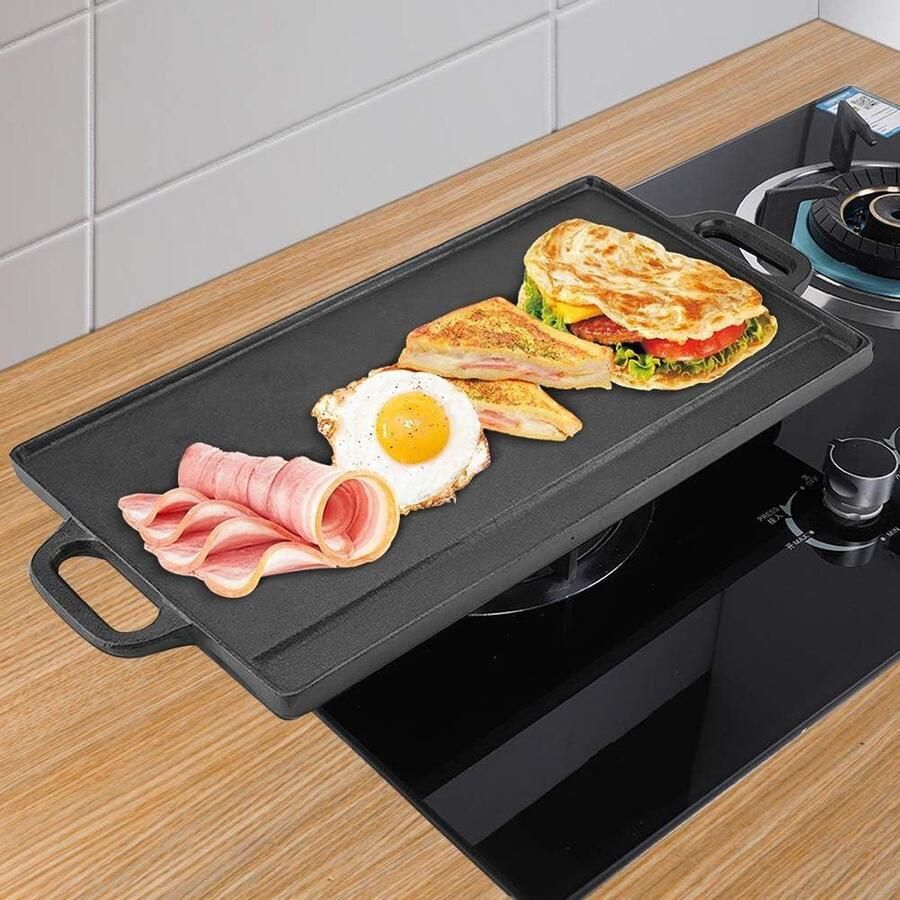 Antiaanbak Grillpan Gietijzeren Grillplaat Geribbeld en Plat Gasfornuis Inductierooster Buiten Gasgrill Houtskoolgrill