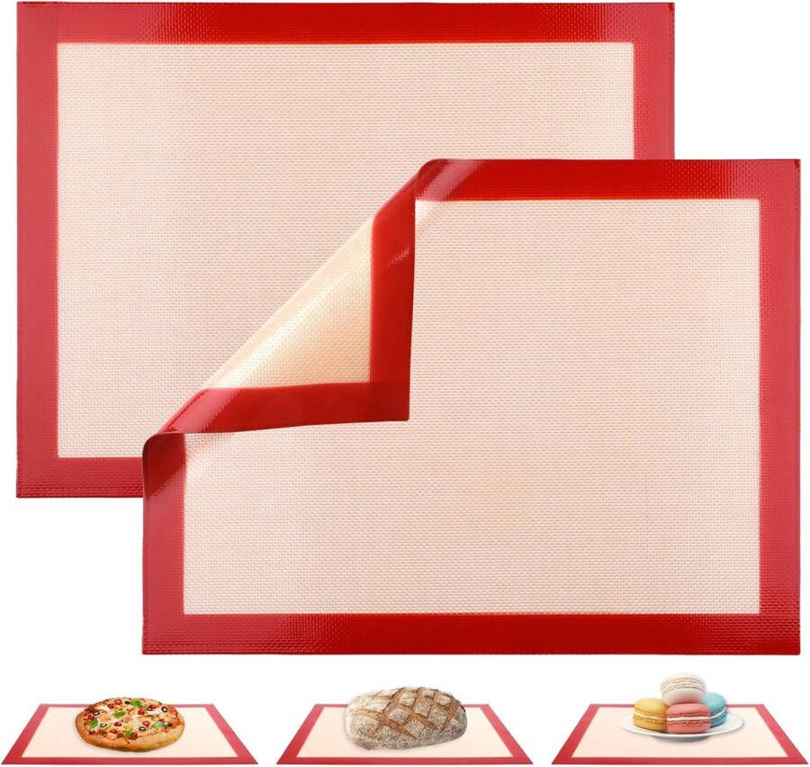 Antiaanbaklaag bakmat 2 stuks herbruikbare siliconen bakmat rode bakfolie hittebestendige deegmat bakmat voor koekjes gebak pizza (40 x 30 cm)