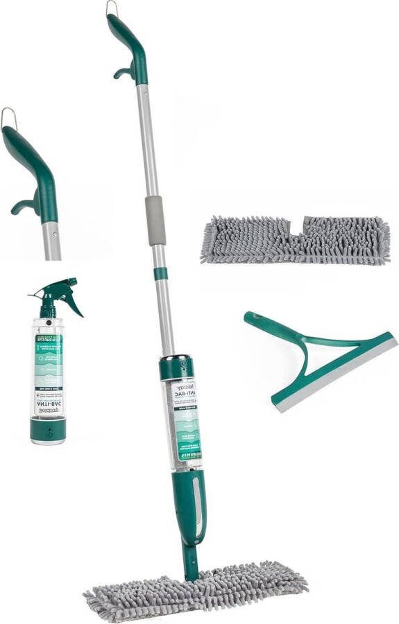 Antibac Spray and Clean Floor Mop with Trigger Dual Sided Mop Head 400ml Reusable Cartridge Includes Mini Sprayer & Squeegee