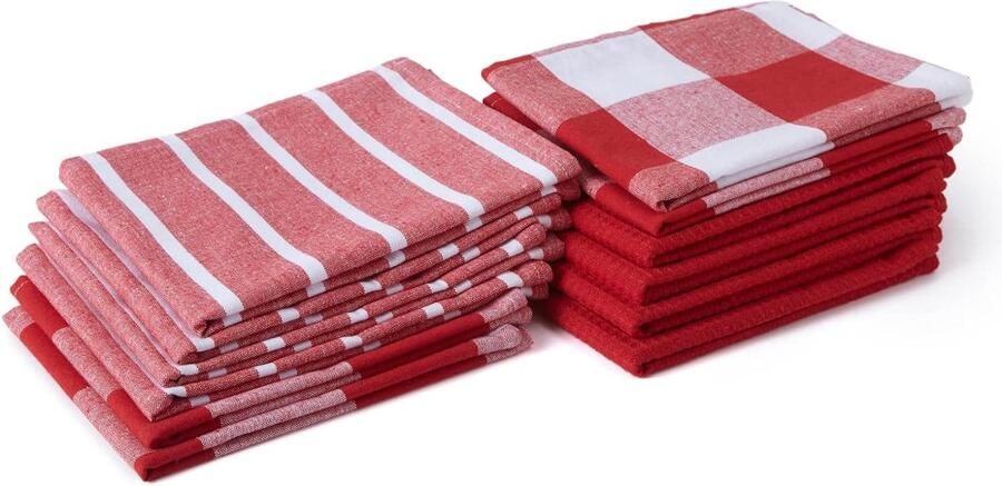 Antibacteriële finish theedoeken XL 70 x 45 cm (set van 12 wafel- strepen- en ruitjes) katoen zeer absorberend voor het reinigen en drogen van borden rood